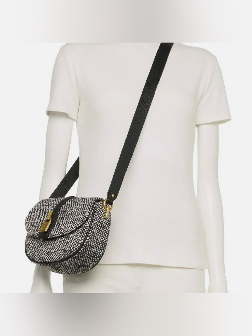 Rosetti Black & White Tweed Saddle Crossbody with Gold Lock